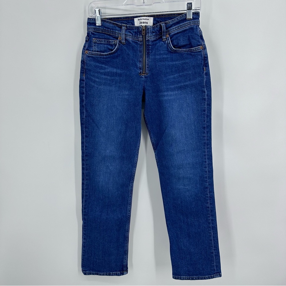 Reformation Jeans Juliana Zip Mid Rise Straight Leg Cotton Mesa Blue Size 26P
